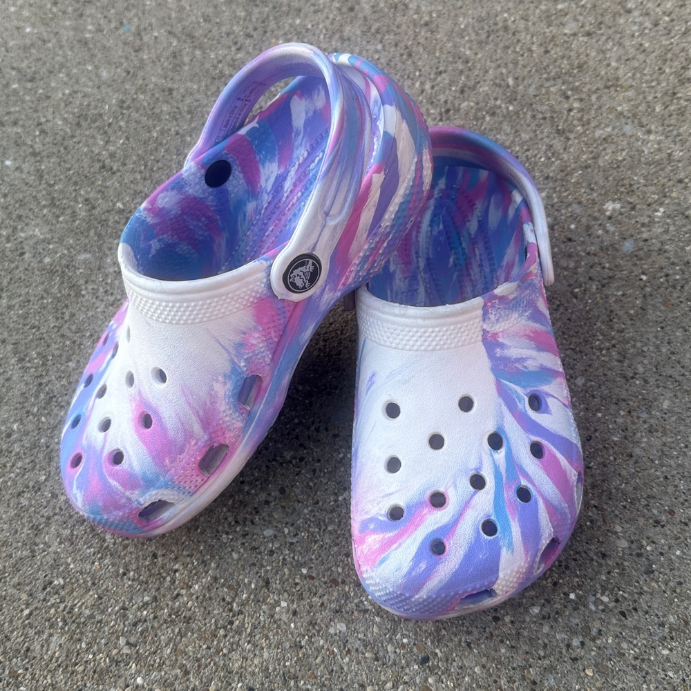 CROCS classic White and Purple Tie-Dye Clog Shoes